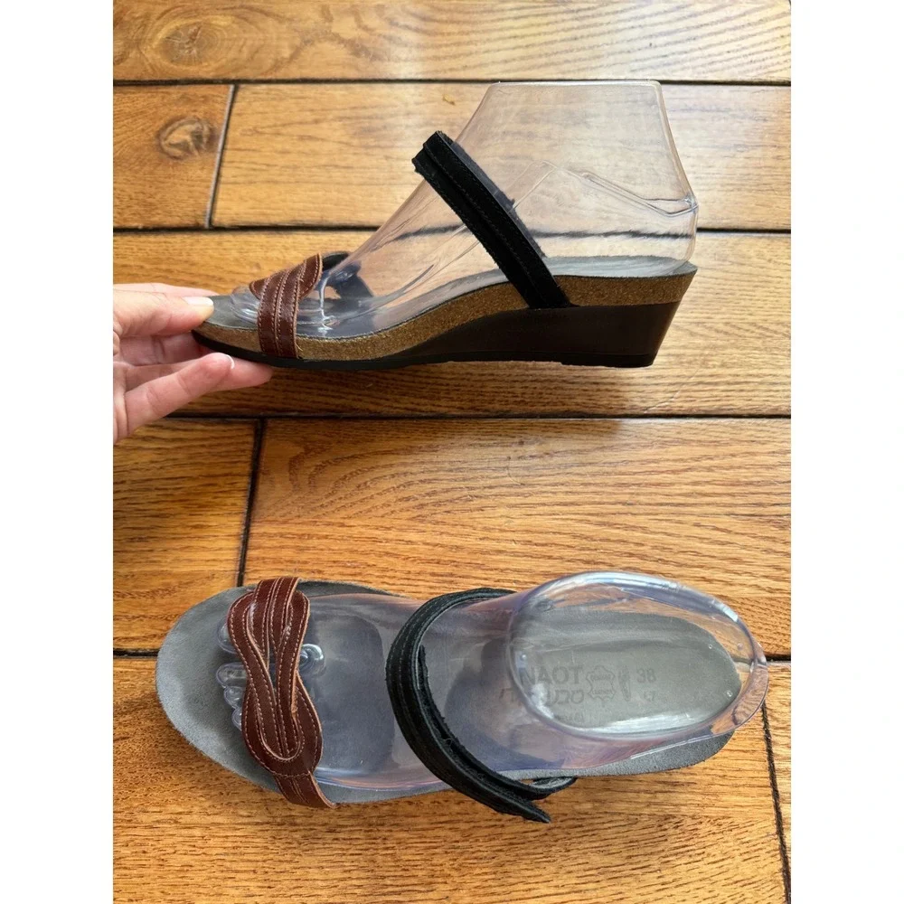 Naot Wedge Sandals Women 38 Brown Black Leather Comfort Cork Footbed Israel